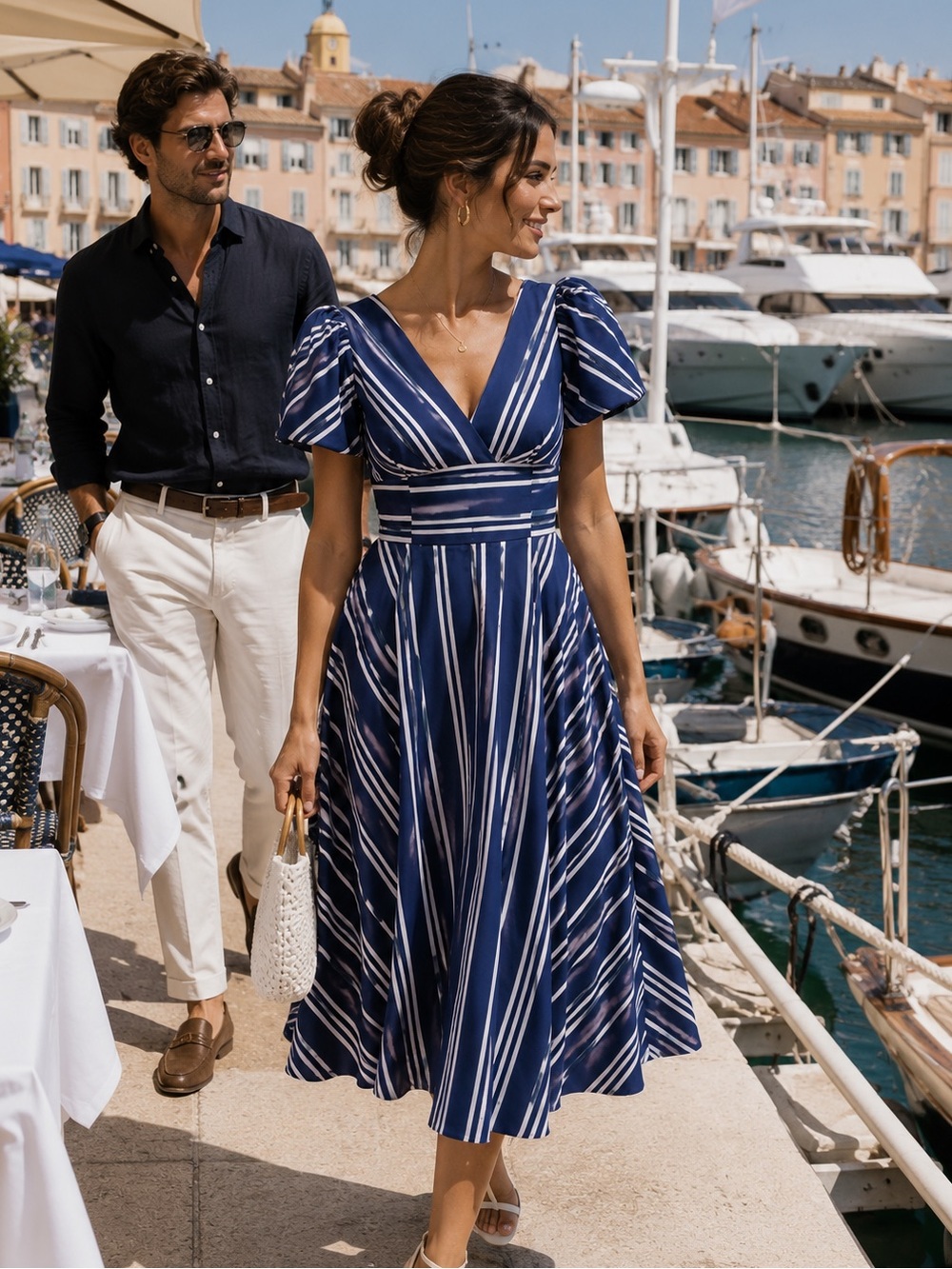 Kate Spade Navy Blue Cafe Stripe Cutout Back Midi Dress - Sz 6 - Picture 2 of 6